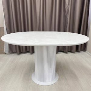 Round Folding Dining Table: HPL Marble Top, Beech Wood Base