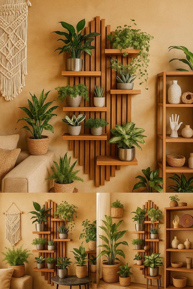 May include: A collection of potted plants displayed on wooden shelves and in woven baskets. The shelves are part of a decorative wooden structure mounted on a beige wall. Various green plants are visible, creating a natural, indoor aesthetic.