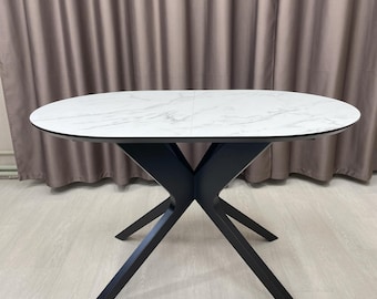 Expandable Oval Dining Table: Beige Stone HPL Top, Ash Wood Base