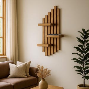 Asymmetrical Wooden Floating Wall Shelf: Boho Plant Decor