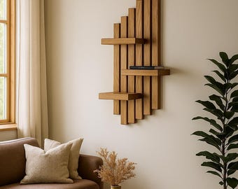 Puede incluir: Estantería de pared de madera con un diseño único. La estantería presenta listones de madera verticales dispuestos en un patrón escalonado, con tres estantes horizontales. Los estantes son de madera clara y están montados en una pared de color neutro. Un mueble decorativo y funcional.
