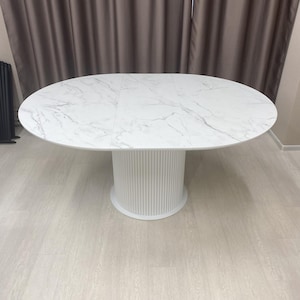 Handmade HPL Marble Round Dining Table: Beech Wood Base, Seats 5-7