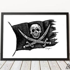 May include: A black and white illustration of a pirate flag with a skull and crossbones. The flag is torn and tattered, and the skull is drawn in a detailed style. The artist's signature is visible in the bottom right corner.