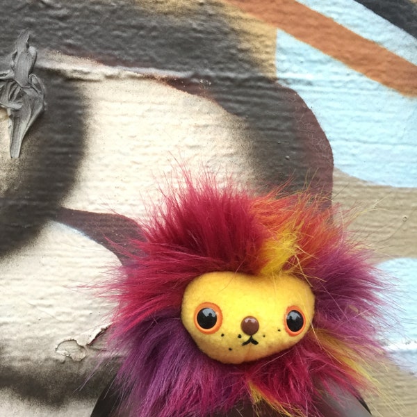 Plush Dandy Lion.... Mini stuffed animal handmade in Seattle...Colorful fur & red eyes