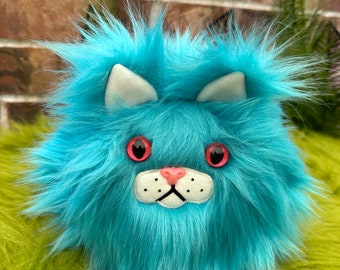 Plush catball -- furry cat handmade stuffed animal -- teal faux fur