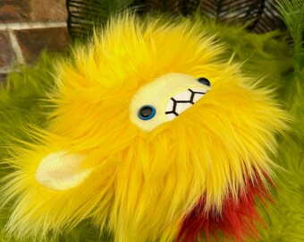 Severed pygmy yeti head plush.....Handmade monster stuffed animal.... bright yellow