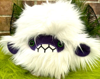 Severed pygmy yeti head plush.....Handmade monster stuffed animal....white & purple