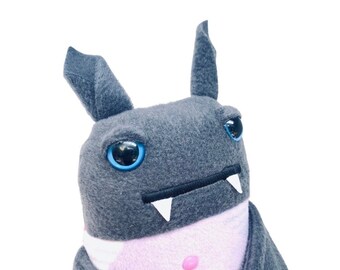 Bat in pjs! Handmade plush bat in fleece pajamas... Stuffed animal... yellow/lilac plaid pjs & sleepy blue eyes
