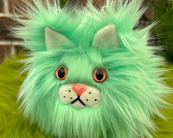 Plush catball -- furry cat handmade stuffed animal --mint green faux fur