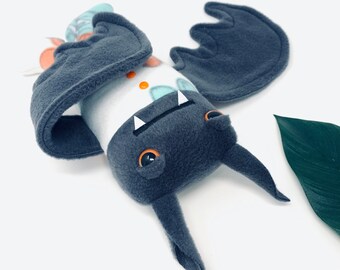 Bat in pjs! Handmade plush bat in fleece pajamas... Stuffed animal... floral pjs & sleepy orange eyes