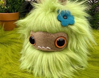 Meadow Monster - super soft faux fur plushie with colorful flowers, charming spring stuffed animal - orange eyes