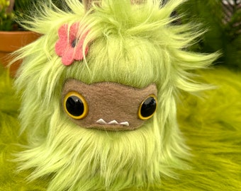 Meadow Monster - super soft faux fur plushie with colorful flowers, charming spring stuffed animal - yellow eyes