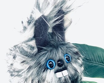Plush Dust Bunny.... Rabbit stuffed animal handmade in Seattle... grey spotty faux fur