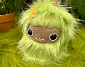 Meadow Monster - super soft faux fur plushie with colorful flowers, charming spring stuffed animal - white eyes