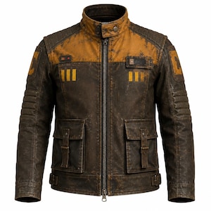 May include: A dark brown and mustard yellow jacket with a distressed finish, featuring a stand-up collar, a full-length front zipper, two large flap pockets on the front, ribbed shoulder panels, and yellow rectangular markings on the chest.