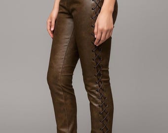 レースアップレザーバイカーパンツ - ハンドメイドゴシックロックトラウザーズレディース