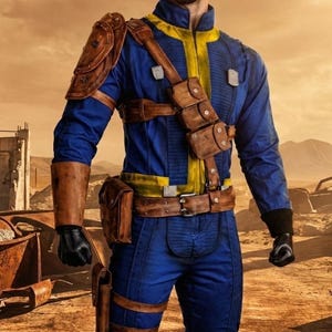 May include: A blue jumpsuit with yellow accents, brown leather straps, and pouches. The outfit includes a shoulder pad, belt, and leg straps. The person is wearing black gloves and boots. The background shows a desert landscape.