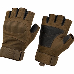 May include: A pair of brown fingerless gloves with black detailing. The gloves feature padded knuckles and a wrist strap for a secure fit. The design incorporates reinforced sections for durability and protection. Suitable for outdoor activities or tactical applications.