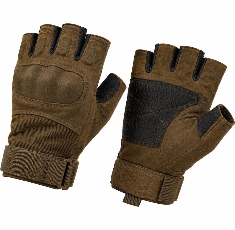 May include: A pair of brown fingerless gloves with black detailing. The gloves feature padded knuckles and a wrist strap for a secure fit. The design incorporates reinforced sections for durability and protection. Suitable for outdoor activities or tactical applications.