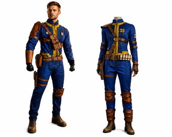 Può includere: Tuta blu con dettagli gialli, cinghie in pelle marrone e tasche. Il costume include una spallina, cintura e ginocchiere. L'outfit è completato da stivali e guanti marroni. Il numero "33" è visibile sul petto.