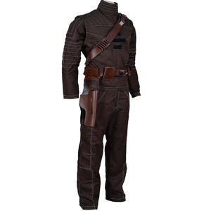 May include: A brown jumpsuit with a high collar, shoulder strap, and belt. The costume includes a holster and is made of a durable fabric. White stitching accents the seams. This outfit is suitable for cosplay or costume events.