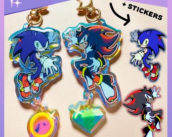 Sonic & Shadow  Holographic Matching Keychains and Stickers | Sonadow, Chaos Emerald, Gold Rings