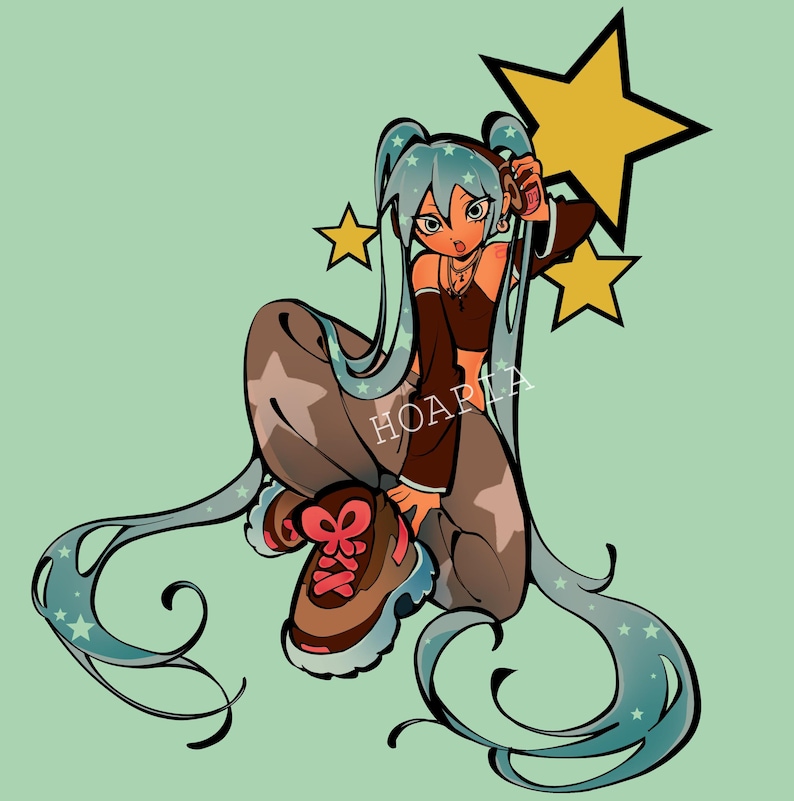May include: A digital illustration of a character with long teal hair featuring star accents, wearing a brown crop top and baggy pants. The character is crouching, wearing brown sneakers with pink laces, surrounded by yellow stars and the text HOAPIA.