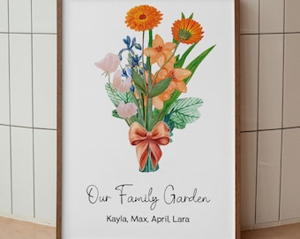 Personalized Garden Birth Flower Bouquet Print, Birth Month Art Print, Custom Grandma Gift, Unique Gift, Large Wall Art, Floral Gift