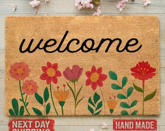 Floral Welcome Doormat, Colorful Spring Summer Decor, Coir Front Porch Mat