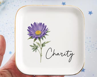 Custom Birthflower Ceramic Ring Dish, Floral Trinket Tray, Vanity Organizer
