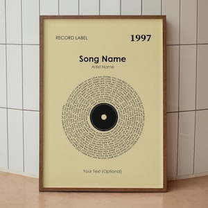 May include: A yellow and black record album print with the text "RECORD LABEL" and "1997" at the top. The text "Song Name" and "Artist Name" are centered below. The album art is a black circle with a spiral of text around it. The text at the bottom reads "Your Text (Optional)".