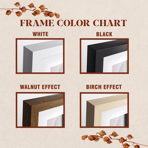 May include: Frame color chart showing four different frame options: white, black, walnut effect, and birch effect. Each frame is shown with a white mat and a white background.