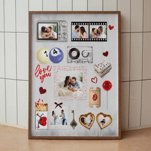 May include: A framed collage featuring romantic elements. Includes photos, a cassette tape, playing cards, a lollipop, and the words "love you." The color palette is neutral with pops of red and gold.