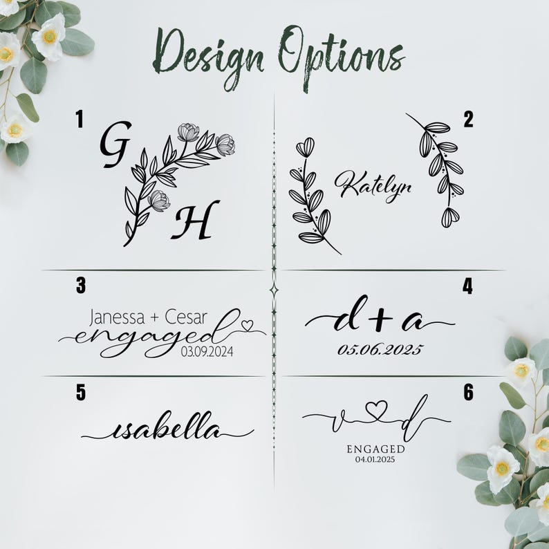 Op de afbeelding: Een grafische ontwerp-optieskaart met 6 verschillende ontwerpen voor huwelijks- of verlovingaankondigingen. De ontwerpen omvatten bloemelementen, initialen, namen en datums. De ontwerpen zijn genummerd van 1 tot en met 6.