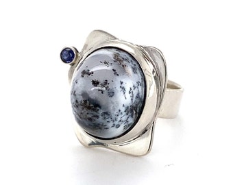 Bague unique argent sterling et Agate dendritique Taille 7.5