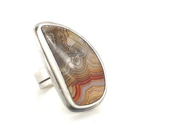 Bague en argent sterling oxydé et Agate Crazy Lace - Taille 8.5