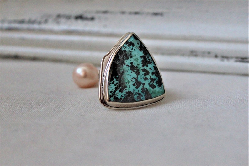 READY TO SHIP Size 8.5 jewelry cabochon gemstone 925 Sterling silver and Chrysocolla-Shattuckite Ooak Ring