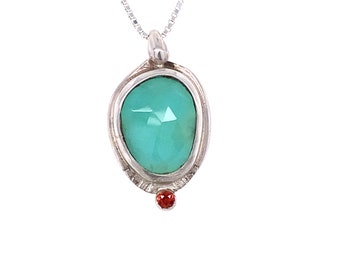 Sterling silver Rose cut Chrysoprase and Orange Sapphire Pendant - with chain - jewelry necklace 925