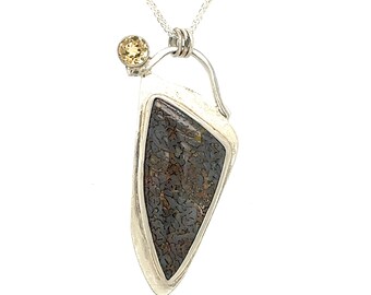 Sterling silver, Dino Bone and Citrine Pendant with chain Jewelry necklace 925