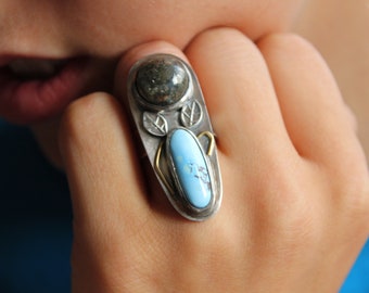 Bague unique argent sterling avec Turquoise avec Agate pyrite Taille 7.25