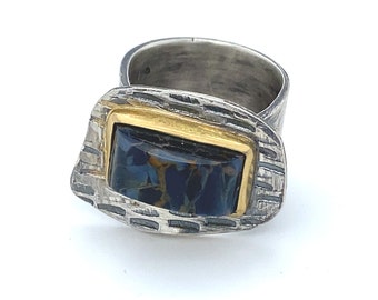 Oxidized Sterling Silver, 18k yellow Gold and Pietersite Ring Handmade Jewelry 925 Gemstone