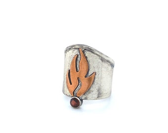 Oxidized Sterling silver Ring with Copper and red Garnet Size 5.75