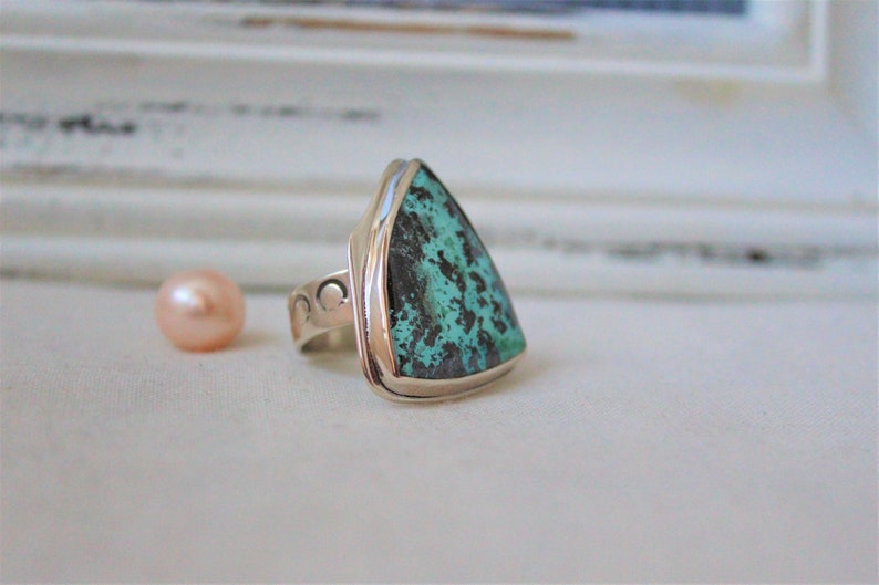 READY TO SHIP Size 8.5 jewelry cabochon gemstone 925 Sterling silver and Chrysocolla-Shattuckite Ooak Ring