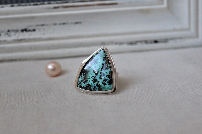 READY TO SHIP Size 8.5 jewelry cabochon gemstone 925 Sterling silver and Chrysocolla-Shattuckite Ooak Ring
