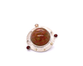 Sterling silver Brooch with Morrocan Red Seam Agate and garnets Gemstones