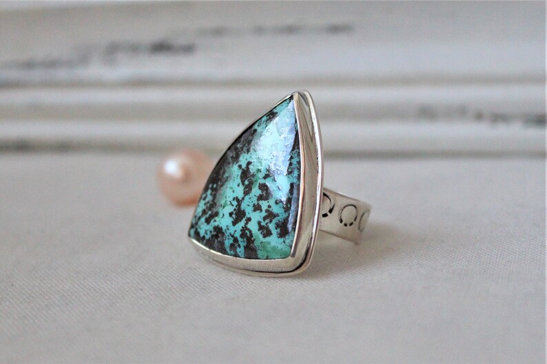 READY TO SHIP Size 8.5 jewelry cabochon gemstone 925 Sterling silver and Chrysocolla-Shattuckite Ooak Ring