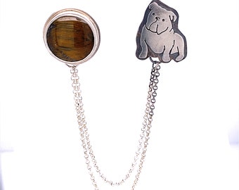 BULLDOG - Sterling silver Collar Brooch pin with Tiger Eye - collar jewelry