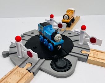 Wooden Railway Train Roundabout 7-Way Turntable Switch Track - Fits Thomas, Brio READ!