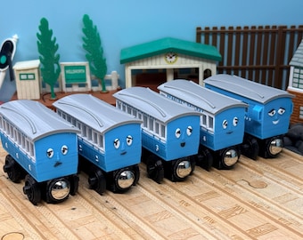Skarloey Wooden Railway Custom Made Train Coaches, Agnes, Ruth, Jemima, Lucy, Beatrice (5 Trains) Thomas and Brio Compatible