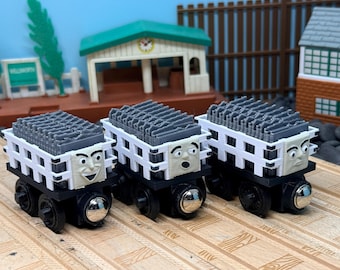 Wooden Railway Cargo Trains, Custom 3D Printed, Fits Thomas & Friends with 3D Face
